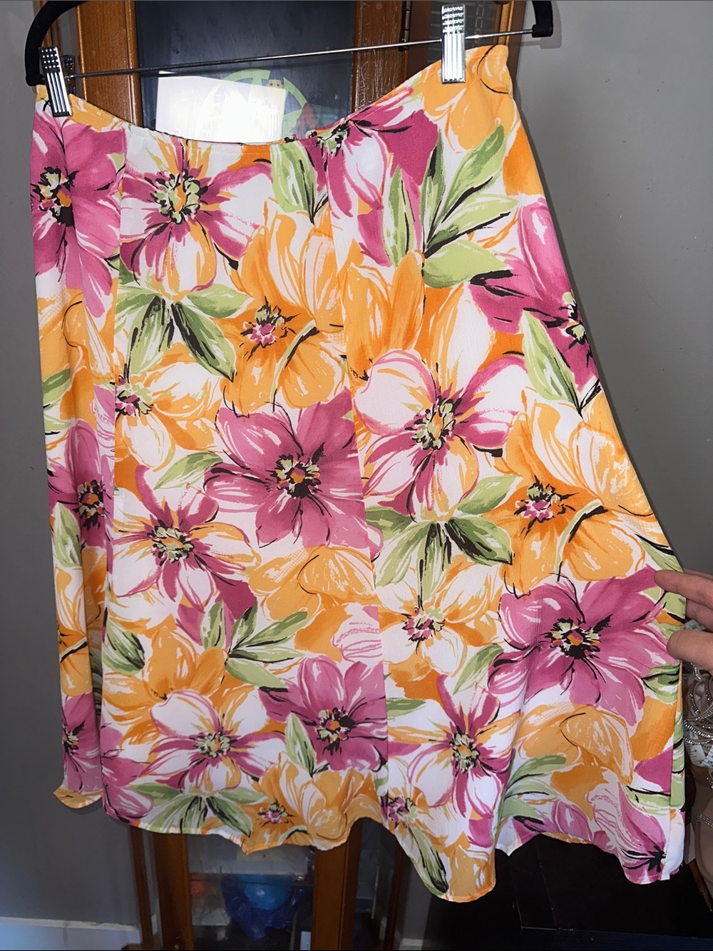 Emma James Floral A-Line Skirt in Pink, Orange & Green
